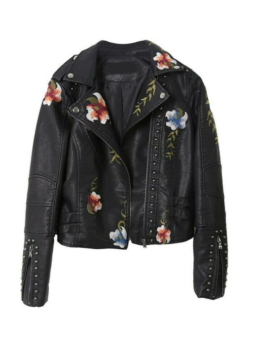 Embroidery Women's PU Leather Jacket Casual Outwear Coat