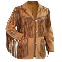 New Men Brown Western Style Sued Cow Boy Leather Jacket 