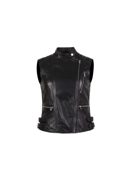 Handmade Leather Black Jacket for Women's hot selling 2022 Waistcoat Biker Motorcycle Sheepskin Leather Vest