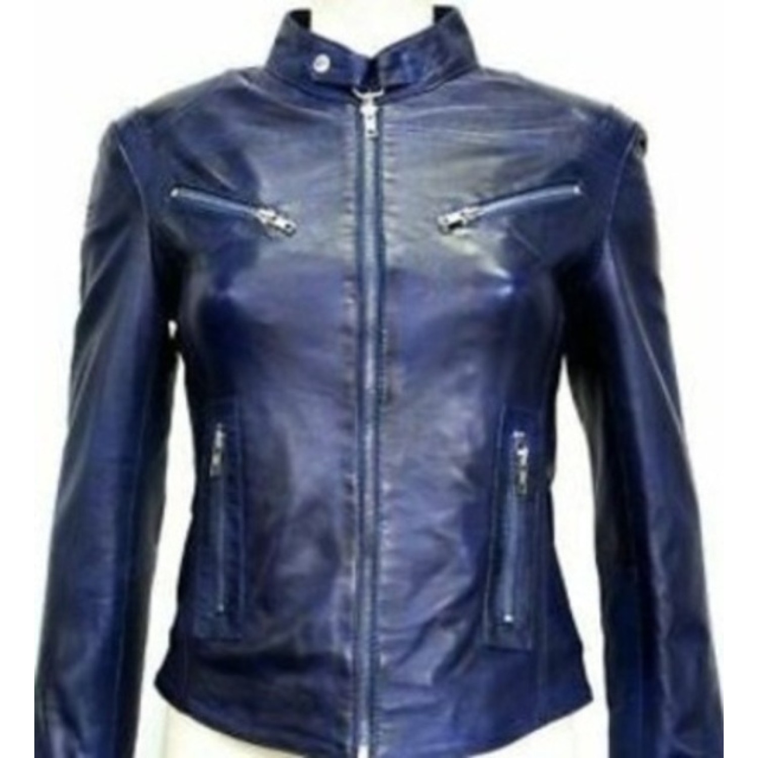 Hot Selling Women Genuine Sheepskin Real Leather Jacket Biker Classic Blue Jacket
