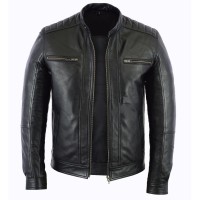 Men's Fashion Black Real Leather Sheepskin Leather Biker Style Motorcycle Jacket 