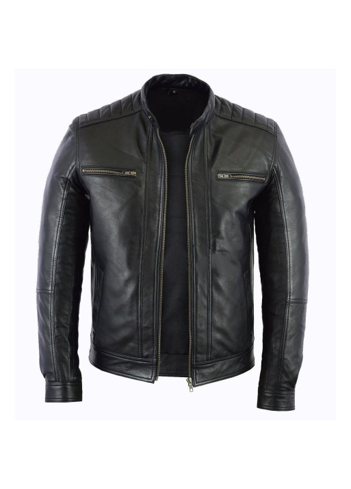 Men's Fashion Black Real Leather Sheepskin Leather Biker Style Motorcycle Jacket
