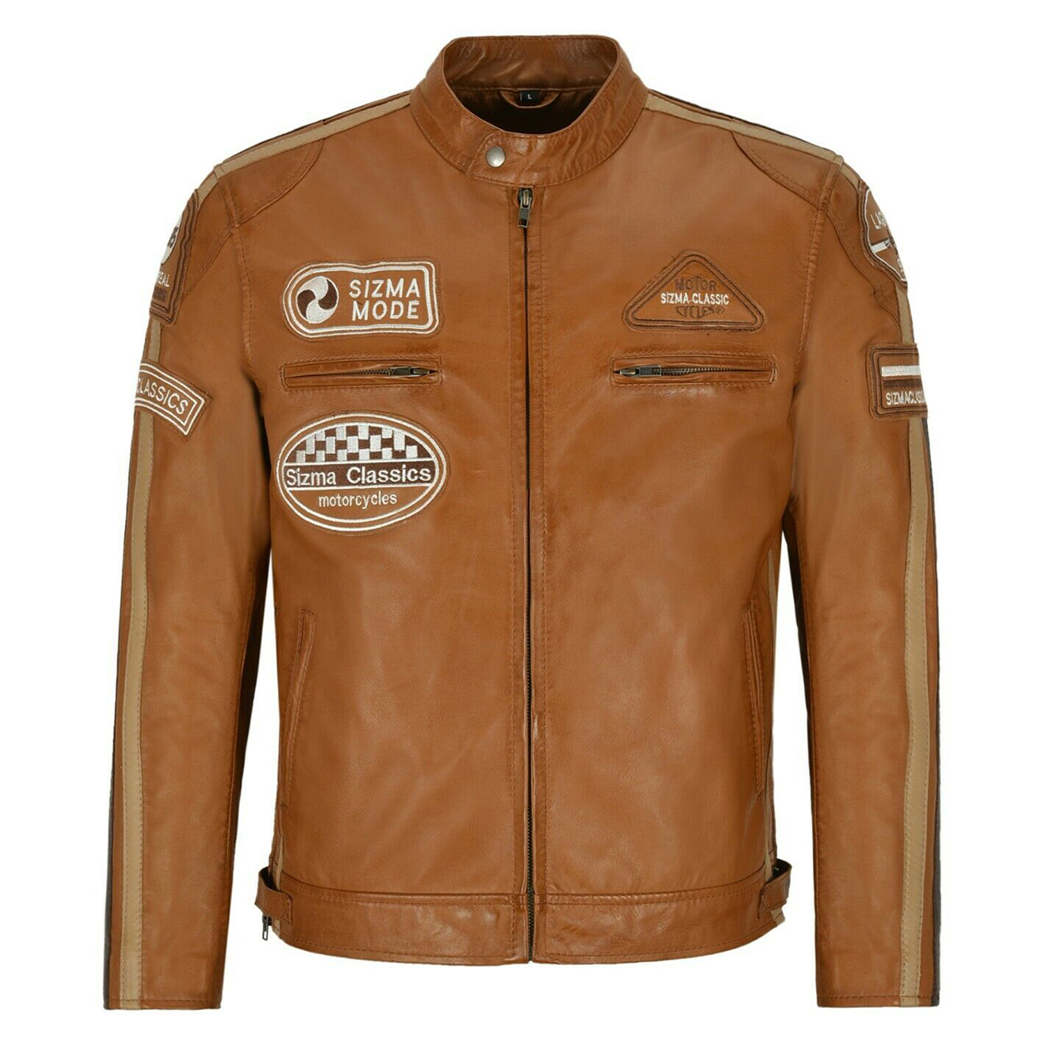 SIZMA Mens Leather Jacket Tan Classic Bikers Fashion Real Leather Jacket